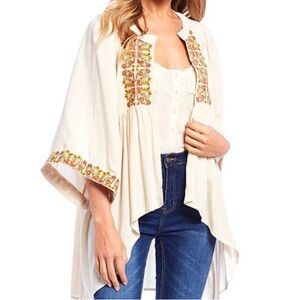 C & V Chelsea & Violet Embroidered Open Front Cardigan Medium Cream Kimono Boho